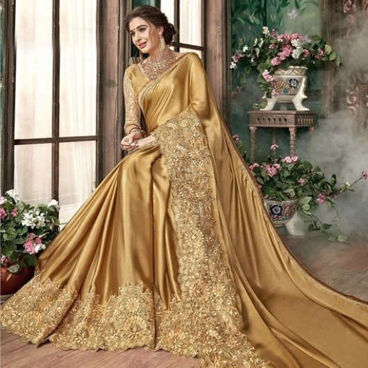 Golden Party Wear Saree – Women Golden Embroidered Saree with Heavy Border for Wedding